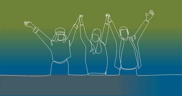 Minimalist line drawing of three people standing side by side with raised arms, celebrating or showing unity, against a green-to-blue gradient background.