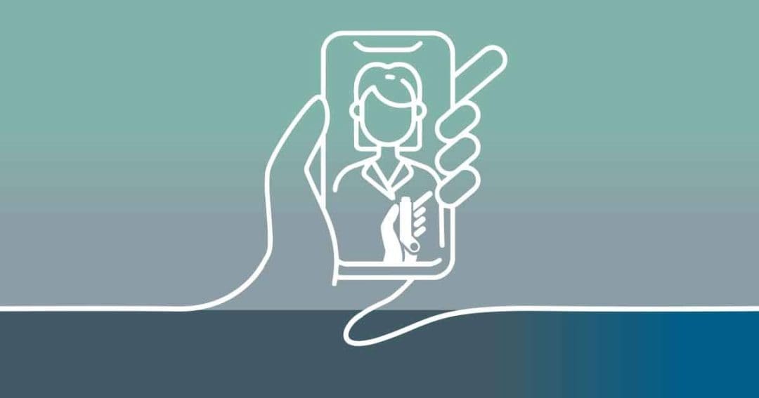 A simple line drawing of a hand holding a smartphone, displaying a female figure in a lab coat, suggesting a virtual consultation or telemedicine concept, set against a gradient blue-green background.