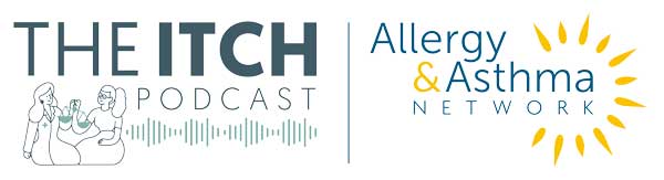 Logo for The Itch Podcast featuring two illustrated people talking, with sound waves below, next to the Allergy & Asthma Network logo with a yellow sunburst design.