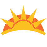 Stylized illustration of a rising sun with seven yellow rays and an orange semicircle, outlined by a yellow arc, against a light background.