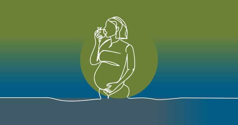 Minimalist line art of a pregnant person holding an apple, with a green and blue gradient background and a large green circle behind them.
