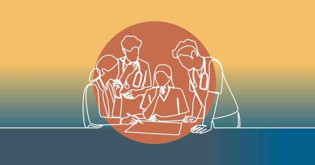 A minimalist line drawing of four medical professionals gathered around a table, reviewing documents, against a background with a large orange circle and gradient colors.