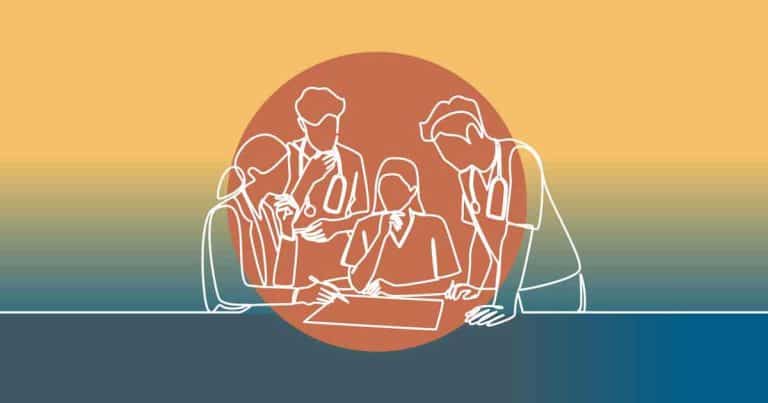 A minimalist line drawing of four medical professionals gathered around a table, reviewing documents, against a background with a large orange circle and gradient colors.
