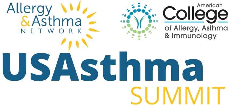 Logos for Allergy & Asthma Network and American College of Allergy, Asthma & Immunology above bold text: "USAsthma Summit." The word "SUMMIT" is in yellow.
