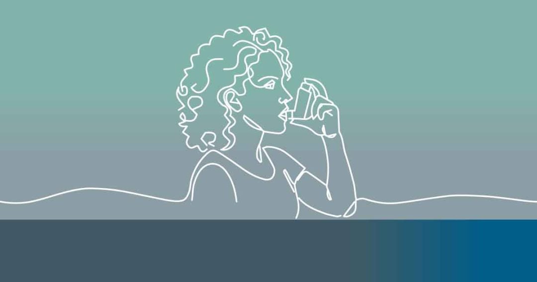 A line drawing of a person with curly hair using an inhaler, set against a gradient background of teal and gray shades.