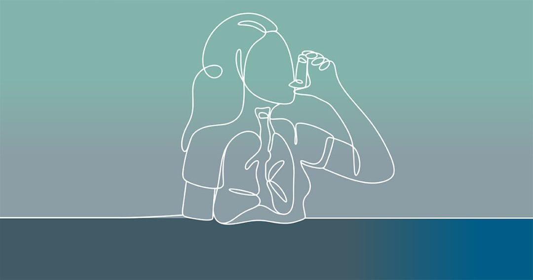 A minimalist line drawing of a person with visible lungs drinking from a glass, set against a green and blue gradient background.