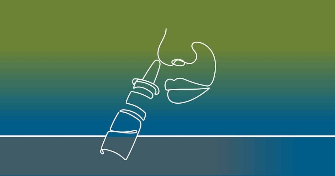 A minimalist line drawing shows a hand using a nasal spray near a nose, set against a green and blue gradient background.