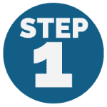 A blue circle with the words “STEP 1” in bold white letters, indicating the first step in a process.