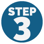 A blue circle with the words “STEP 3” in bold white capital letters in the center.