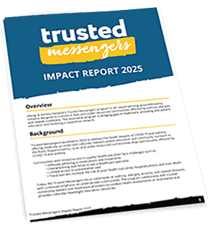 A tilted booklet titled “Trusted Messengers Impact Report 2025” features blue and yellow branding, with visible sections labeled “Overview” and “Background” containing brief, unreadable text.