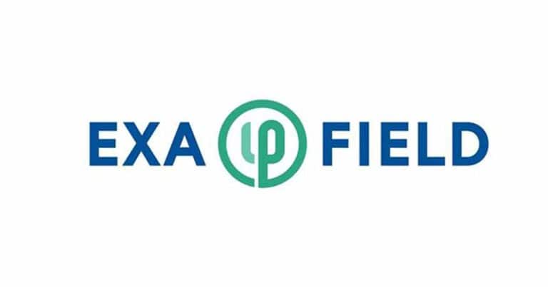 Logo with the words “EXA FIELD” in blue. Between “EXA” and “FIELD,” there’s a green circular icon with abstract lines inside, resembling the letters “lp” or a stylized plant. White background.