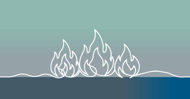 Minimalist illustration of three white fire outlines on a blue and gray gradient background, with wavy lines beneath them.