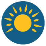 A yellow sun with stylized rays inside a blue circle on a light gray background.