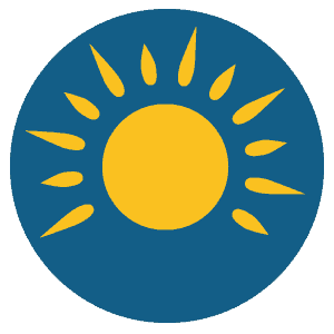 A yellow sun with stylized rays inside a blue circle on a light gray background.