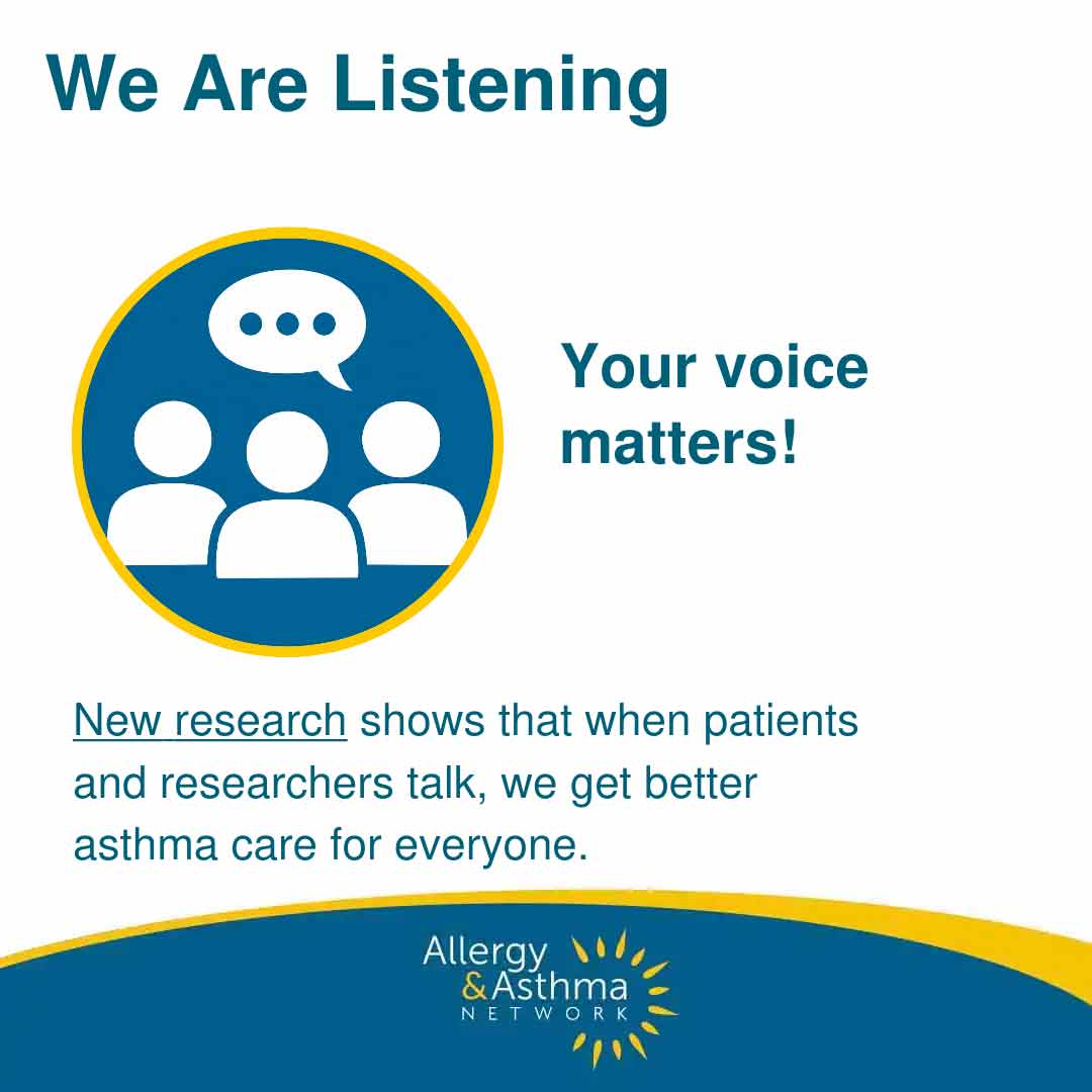 Graphic with three people icons and a speech bubble, text reads “We Are Listening. Your voice matters!” and mentions new research improving asthma care when patients and researchers communicate. Allergy & Asthma Network logo at bottom.