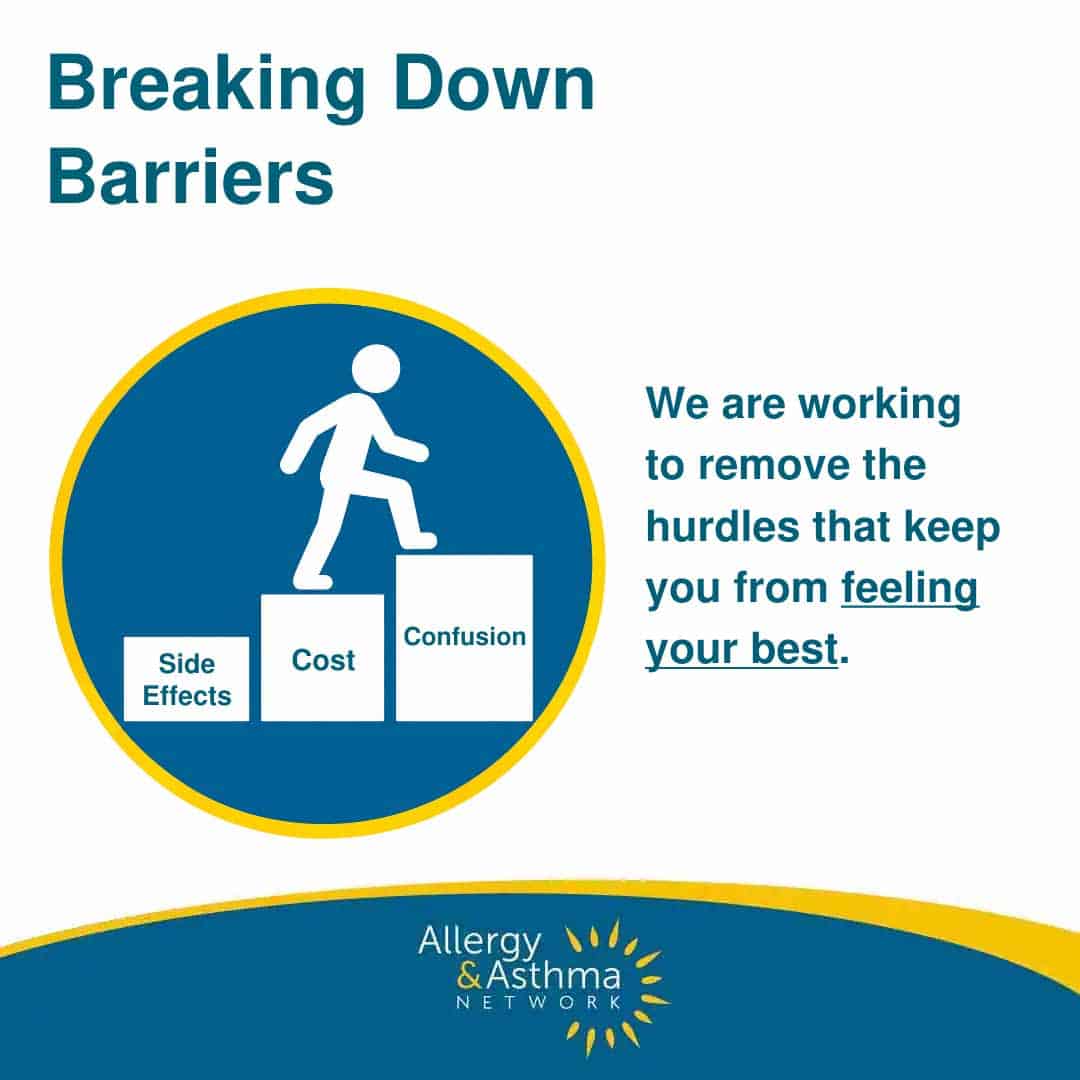 A figure climbs blocks labeled “Side Effects,” “Cost,” and “Confusion.” Text: “We are working to remove the hurdles that keep you from feeling your best.” Allergy & Asthma Network logo at the bottom.