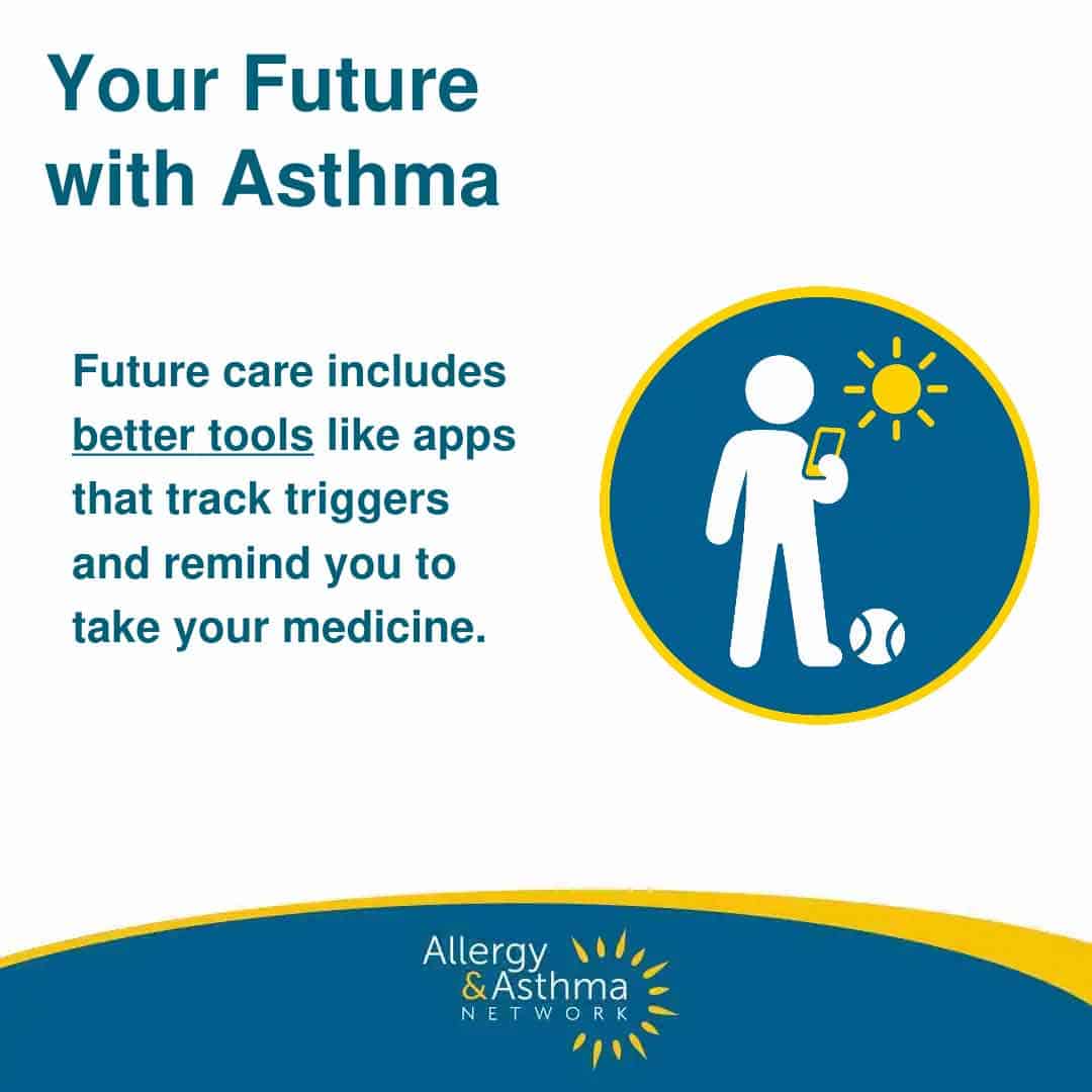 A graphic shows a person holding a phone near a sun and baseball, with text promoting asthma care using apps to track triggers and medicine reminders. Allergy & Asthma Network logo is at the bottom.