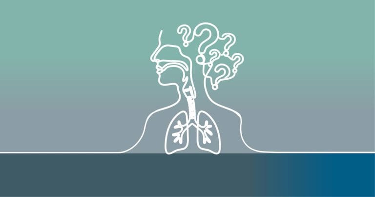 Outline of a human head, airways, and lungs with question marks above the head, set against a green and blue gradient background, suggesting questions or confusion about respiratory health.