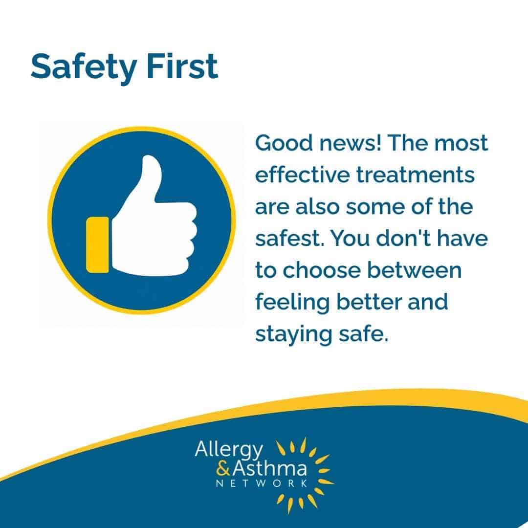A blue thumbs-up icon beside text explaining that the most effective treatments are also among the safest, from the Allergy & Asthma Network.