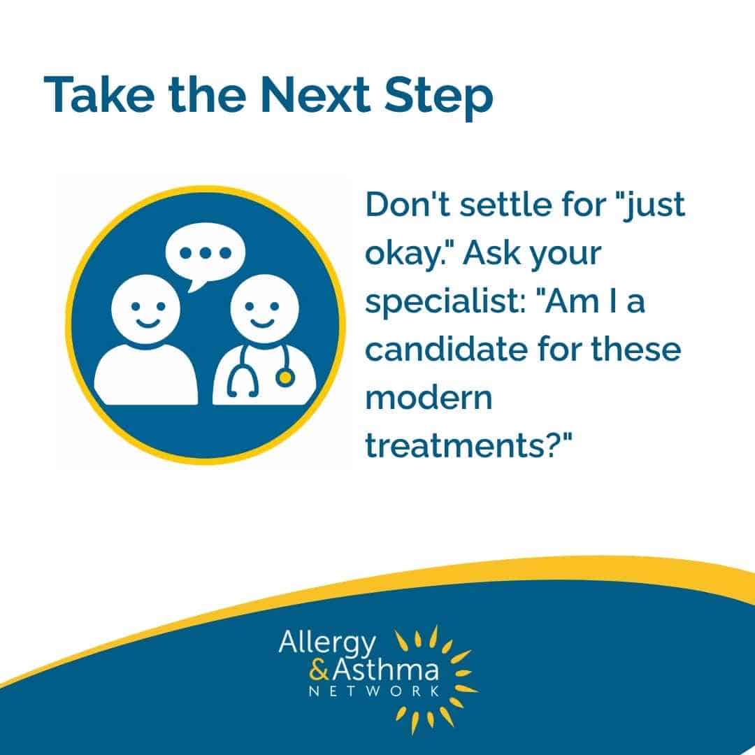 Two illustrated figures, one with a speech bubble, one in a stethoscope, appear beside text encouraging patients to ask specialists about modern treatments for allergy and asthma. Allergy & Asthma Network logo is at the bottom.