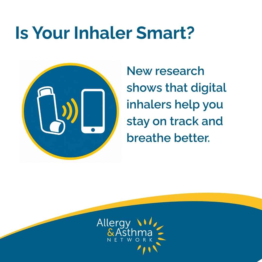 A graphic showing an inhaler and smartphone with signal waves, and text about research indicating digital inhalers help users stay on track and breathe better. Allergy & Asthma Network logo is at the bottom.