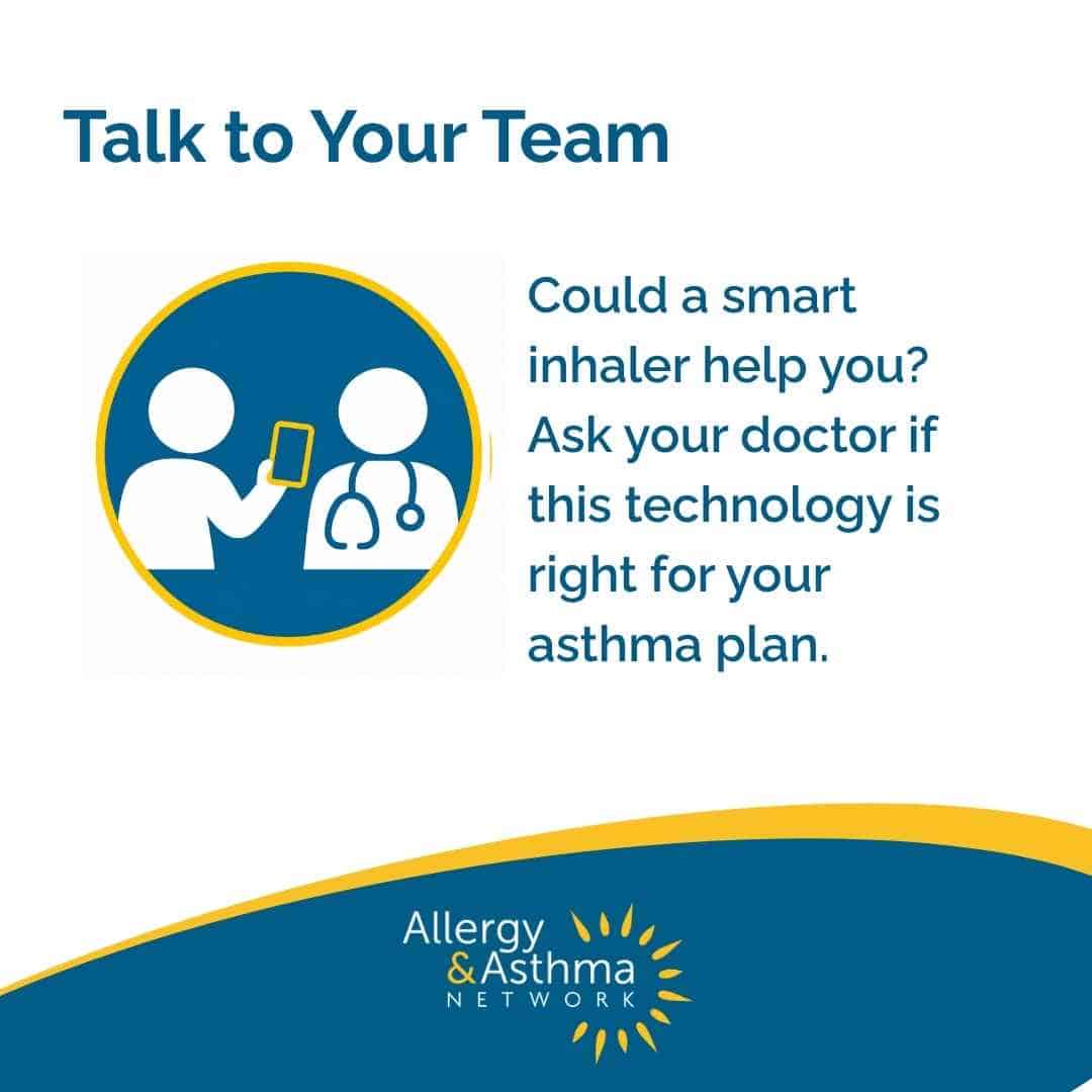 Icon of a person holding a phone, speaking to a doctor with a stethoscope, and text about asking if a smart inhaler is right for your asthma plan, by Allergy & Asthma Network.