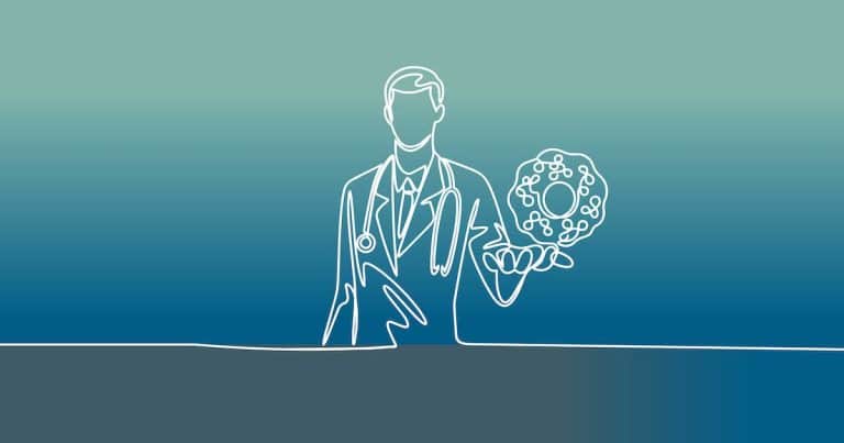 A continuous white line drawing of a doctor holding a stylized donut against a blue gradient background.