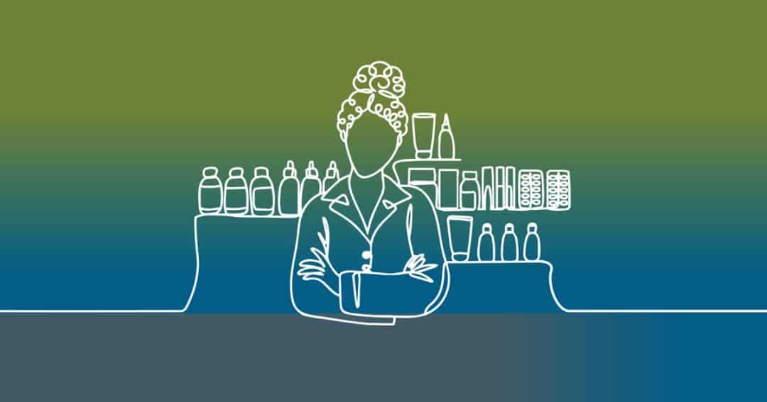 A continuous-line drawing of a person in a lab coat standing with arms crossed in front of a shelf stocked with various bottles and containers.