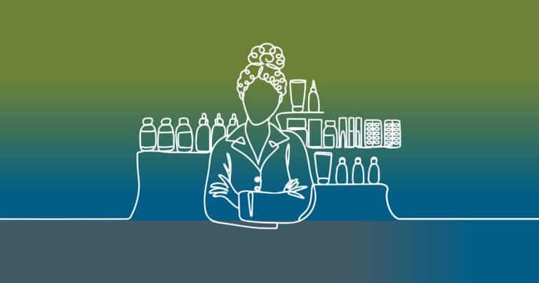 A continuous-line drawing of a person in a lab coat standing with arms crossed in front of a shelf stocked with various bottles and containers.