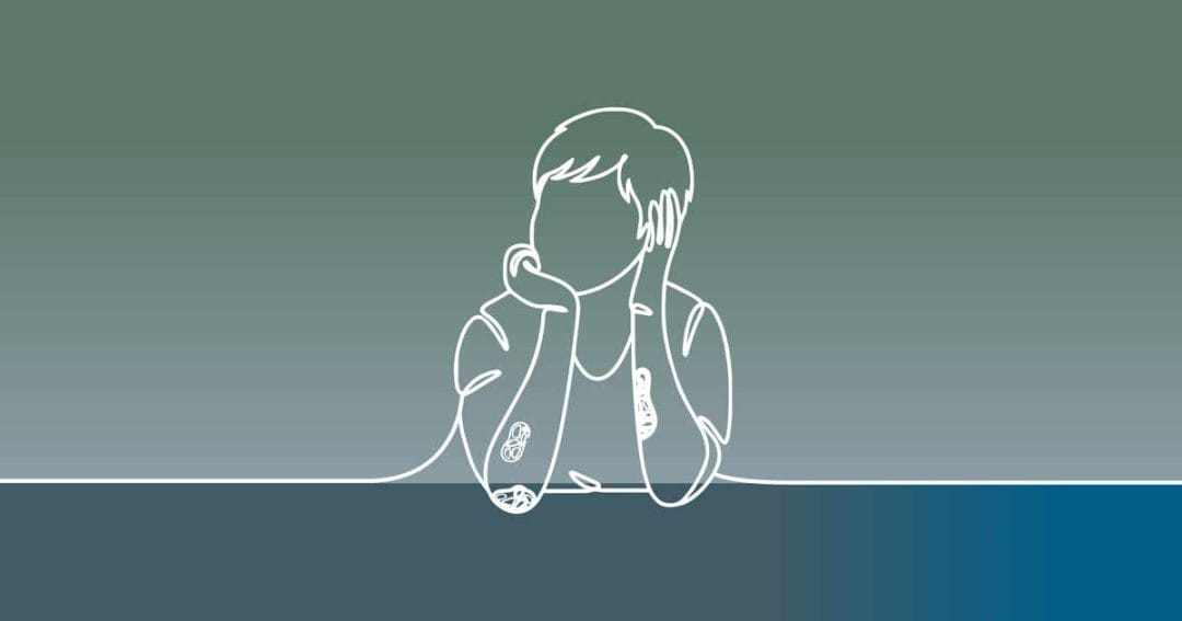 A white continuous line drawing of a person resting their chin on their hands against a gradient background.