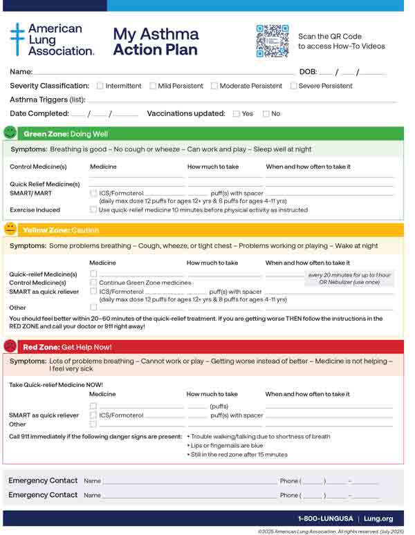 American Lung Association My Asthma Action Plan form with sections for green, yellow, and red zones, personal information, and emergency contact details.