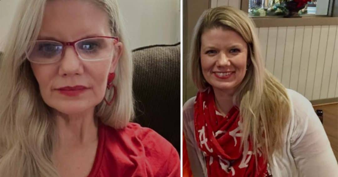 Side-by-side photos of the same woman, one wearing red glasses and heart earrings, and the other wearing a red patterned scarf.