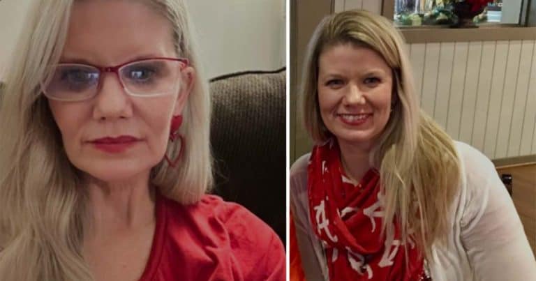 Side-by-side photos of the same woman, one wearing red glasses and heart earrings, and the other wearing a red patterned scarf.