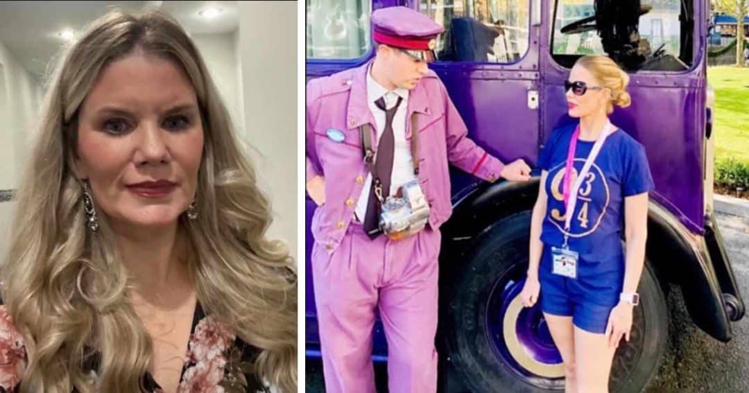 A woman with blonde hair next to a photo of her standing with a person dressed as a bus conductor in front of a purple bus.