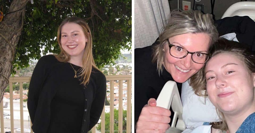 Two photos of the same young woman, one posing outdoors in front of a hillside neighborhood and one smiling next to an older woman in a hospital setting.