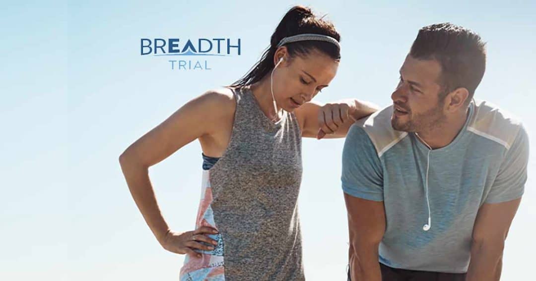 A woman and a man in athletic wear taking a break from exercise, with the text “BREADTH TRIAL” overlaid.