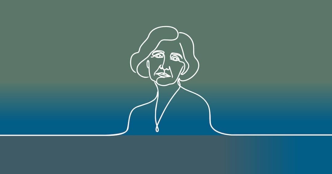 A single-line drawing of a woman’s face and shoulders against a green and blue gradient background.