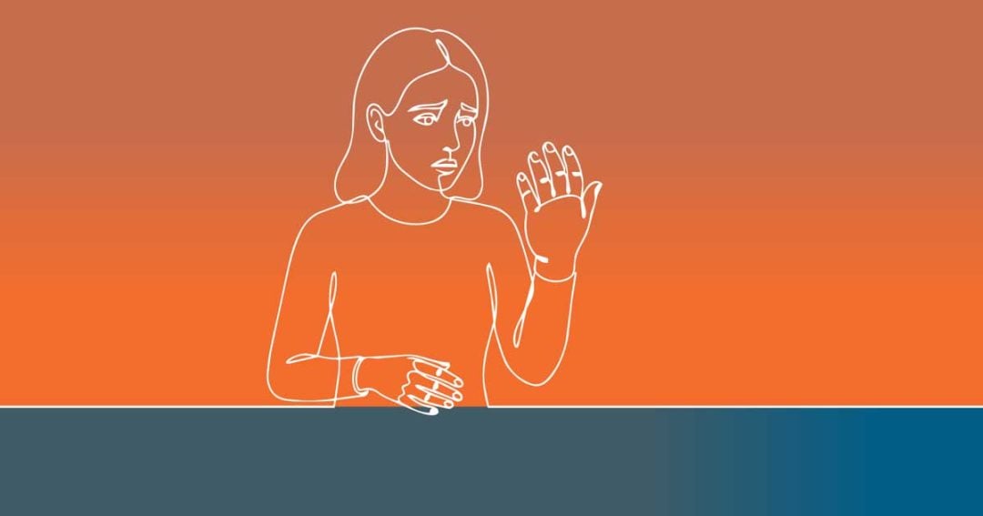 White line drawing of a person with a concerned expression holding up one hand in a gesture of refusal against an orange and blue background.