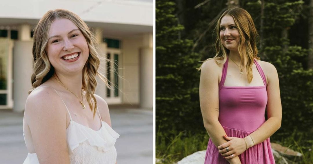 Two side-by-side portraits of a young woman smiling, one wearing a white top outdoors and one wearing a pink dress in a wooded area.
